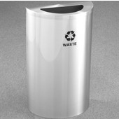 Glaro Single Purpose Half Round Recycling Receptacle, 10 Gallon, Available in Multiple Colors, 18''W, 5-1/2''x12'' opening, Trash message w/ Recycling Logo, Satin Aluminum Finish, Satin Aluminum Top