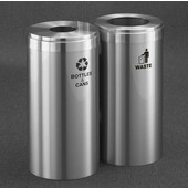 Glaro 2X RecyclePro Value Series Linear Modular 46 Gallon Capacity Connected Recycling Receptacle Stations, 15'' Diameter Dual Unit (Bottle and Waste) in Satin Aluminum and Satin Aluminum Top