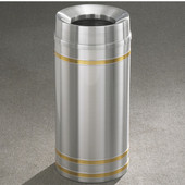 Glaro Capri Funnel Top Waste Receptacle, 12 Gal, 12'' Dia x 32'' H, Satin Aluminum w/ Brass bands, Available in Multiple Sizes