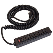  Power Strip, 6 Outlet, with Spiral Power Cord, Plastic, Black