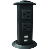  Pop-Up Power Station, with 6' Power Cord, 2 AC Outlets, 2 USB Ports, Plastic, Black