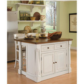  Monarch Kitchen Island with Two Stools, Antique White Sanded Distressed Finish, 48'' W x 25'' D x 36''H