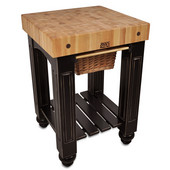  Gathering Block Kitchen Cart with 4'' Thick End Grain Maple Top and Pull Out Wicker Basket, 25'' W x 24'' D x 36'' H, Black
