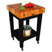  Gourmet Block 4'' Thick Northern Hard Rock Maple End Grain Top with Slatted Shelf, Casters, and Caviar Black Base, 24'' W x 24'' D x 36'' H