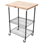  Metropolitan Wire Cart with 1-1/2'' Thick Blended Maple Top, Black Shelves and Locking Casters, 33'' W x 27'' D x 36'' H