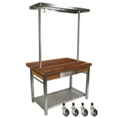  Walnut Cucina Grande Kitchen Work Table with 8'' Drop Leaf, 48'' W Above Table Pot Rack, & Casters, 48'' W x 36'' D x 35''H