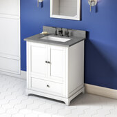  30'' W White Addington Single Vanity Cabinet Base with Steel Grey Cultured Marble Vanity Top and Undermount Rectangle Bowl