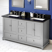  60'' W Grey Addington Double Vanity Cabinet Base with Black Granite Vanity Top and Two Undermount Rectangle Bowls