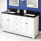  60'' W White Addington Double Vanity Cabinet Base with Black Granite Vanity Top and Two Undermount Rectangle Bowls