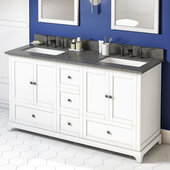  60'' W White Addington Double Vanity Cabinet Base with Boulder Cultured Marble Vanity Top and Two Undermount Rectangle Bowls