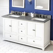  60'' W White Addington Double Vanity Cabinet Base with Steel Grey Cultured Marble Vanity Top and Two Undermount Rectangle Bowls