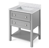  30'' W Grey Adler Single Bowl Vanity Base with White Carrara Marble Countertop and Undermount Rectangle Bowl, 31'' W x 22'' D x 36'' H