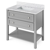  36'' W Grey Adler Single Bowl Vanity Base with White Carrara Marble Countertop and Undermount Rectangle Bowl, 37'' W x 22'' D x 36'' H