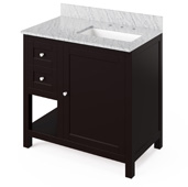  36'' W Espresso Astoria Single Bowl Vanity Base with White Carrara Marble Countertop and Right Offset Undermount Rectangle Bowl, 37'' W x 22'' D x 36'' H