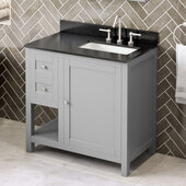  36'' W Grey Astoria Single Vanity Cabinet Base with Right Offset, Black Granite Vanity Top, and Undermount Rectangle Bowl