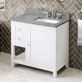  36'' W White Astoria Single Vanity Cabinet Base with Right Offset, Steel Grey Cultured Marble Vanity Top, and Undermount Rectangle Bowl