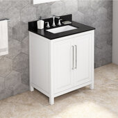 30'' W White Cade Single Vanity Cabinet Base with Black Granite Vanity Top and Undermount Rectangle Bowl