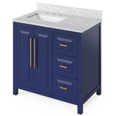  36'' W Hale Blue Cade Single Bowl Vanity Base with White Carrara Marble Countertop and Left Offset Undermount Rectangle Bowl, 37'' W x 22'' D x 36'' H