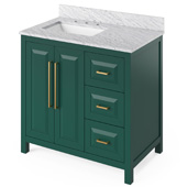  36'' W Forest Green Cade Single Bowl Vanity Base with White Carrara Marble Countertop and Left Offset Undermount Rectangle Bowl, 37'' W x 22'' D x 36'' H