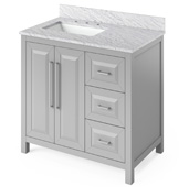  36'' W Grey Cade Single Bowl Vanity Base with White Carrara Marble Countertop and Left Offset Undermount Rectangle Bowl, 37'' W x 22'' D x 36'' H