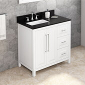  36'' W White Cade Single Vanity Cabinet Base with Left Offset, Black Granite Vanity Top, and Undermount Rectangle Bowl