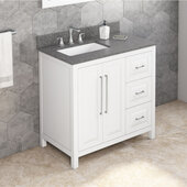  36'' W White Cade Single Vanity Cabinet Base with Left Offset, Boulder Vanity Cultured Marble Vanity Top, and Undermount Rectangle Bowl