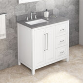  36'' W White Cade Single Vanity Cabinet Base with Left Offset, Steel Grey Cultured Marble Vanity Top, and Undermount Rectangle Bowl