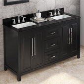 60'' W Black Cade Double Vanity Cabinet Base with Black Granite Vanity Top and Two Undermount Rectangle Bowls
