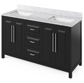  60'' W Black Cade Double Bowl Vanity Base with White Carrara Marble Countertop and Two Undermount Rectangle Bowls, 61'' W x 22'' D x 36'' H