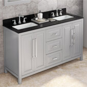  60'' W Grey Cade Double Vanity Cabinet Base with Black Granite Vanity Top and Undermount Rectangle Bowl