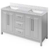  60'' W Grey Cade Double Bowl Vanity Base with White Carrara Marble Countertop and Two Undermount Rectangle Bowls, 61'' W x 22'' D x 36'' H