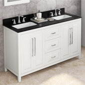  60'' W White Cade Double Vanity Cabinet Base with Black Granite Vanity Top and Undermount Rectangle Bowl