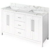  60'' W White Cade Double Bowl Vanity Base with Calacatta Vienna Quartz Countertop and Two Undermount Rectangle Bowls, 61'' W x 22'' D x 36'' H