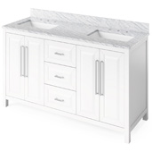  60'' W White Cade Double Bowl Vanity Base with White Carrara Marble Countertop and Two Undermount Rectangle Bowl, 61'' W x 22'' D x 36'' H