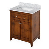  30'' W Chocolate Chatham Single Bowl Vanity Base with White Carrara Marble Countertop and Undermount Rectangle Bowl, 31'' W x 22'' D x 36'' H