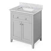  30'' W Grey Chatham Single Bowl Vanity Base with White Carrara Marble Countertop and Undermount Rectangle Bowl, 31'' W x 22'' D x 36'' H