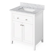  30'' W White Chatham Single Bowl Vanity Base with White Carrara Marble Countertop and Undermount Rectangle Bowl, 31'' W x 22'' D x 36'' H