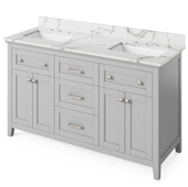  60'' W Grey Chatham Double Bowl Vanity Base with Calacatta Vienna Quartz Countertop and Two Undermount Rectangle Bowls, 61'' W x 22'' D x 36'' H