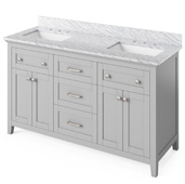  60'' W Grey Chatham Double Bowl Vanity Base with White Carrara Marble Countertop and Two Undermount Rectangle Bowls, 61'' W x 22'' D x 36'' H
