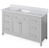  60'' W Grey Chatham Single Bowl Vanity Base with White Carrara Marble Countertop and Undermount Rectangle Bowl, 61'' W x 22'' D x 36'' H