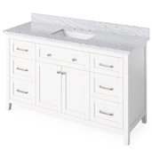  60'' W White Chatham Single Bowl Vanity Base with White Carrara Marble Countertop and Undermount Rectangle Bowl, 61'' W x 22'' D x 36'' H