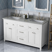  60'' White Chatham Vanity, Double Sink, Steel Grey Cultured Marble Vanity Top, with (2x) Undermount Rectangle Sinks, 61'' W x 22'' D x 36'' H