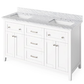  60'' W White Chatham Double Bowl Vanity Base with White Carrara Marble Countertop and Two Undermount Rectangle Bowls, 61'' W x 22'' D x 36'' H