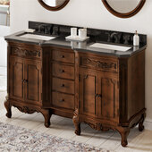  60'' W Nutmeg Clairemont Double Vanity Cabinet Base with Black Granite Vanity Top and Two Undermount Rectangle Bowls