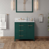  Katara 36'' Forest Green Single Bowl Vanity with Left Offset, White Carrara Marble Vanity Top and Undermount Rectangle Bowl