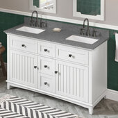  60'' W White Savino Double Vanity Cabinet Base with Boulder Cultured Marble Vanity Top and Two Undermount Rectangle Bowls
