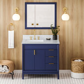  Theodora 36'' Hale Blue Single Bowl Vanity with Left Offset, White Carrara Marble Vanity Top, and Undermount Rectangle Bowl