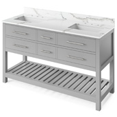  60'' W Grey Wavecrest Double Bowl Vanity Base with Calacatta Vienna Quartz Countertop and Two Undermount Rectangle Bowls, 61'' W x 22'' D x 36'' H
