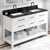  60'' W White Wavecrest Double Vanity Cabinet Base with Black Granite Vanity Top and Two Undermount Rectangle Bowls
