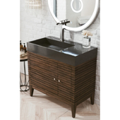  Linear 36'' Single Bathroom Vanity Cabinet in Mid Century Walnut Finish with Solid Surface Top and Sink in Glossy Dark Gray